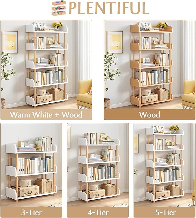 OSCHF 4-Tier Wooden Open Bookcase - Modern Display Bookshelf with Top Edge and Solid Wood Frame for Home and Office, Storage Cabinet, Warm White