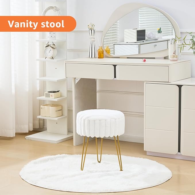 Vanity Stool,Faux Fur Ottoman Foot Stool, Dressing Table Seat with Metal Leg Vanity Chair for Bedroom, Living Room, Entryway, Offices