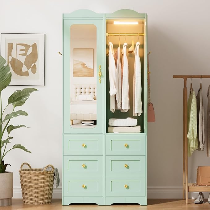 Armoire Wardrobe Closet, Green Bedroom Armoires Cabinet with Mirror Door and 6 Drawers, 69.5" H Wood Clothing Storage Cabinet with Hanging Rod & Sensor Light for Bedroom-(Left+Right)