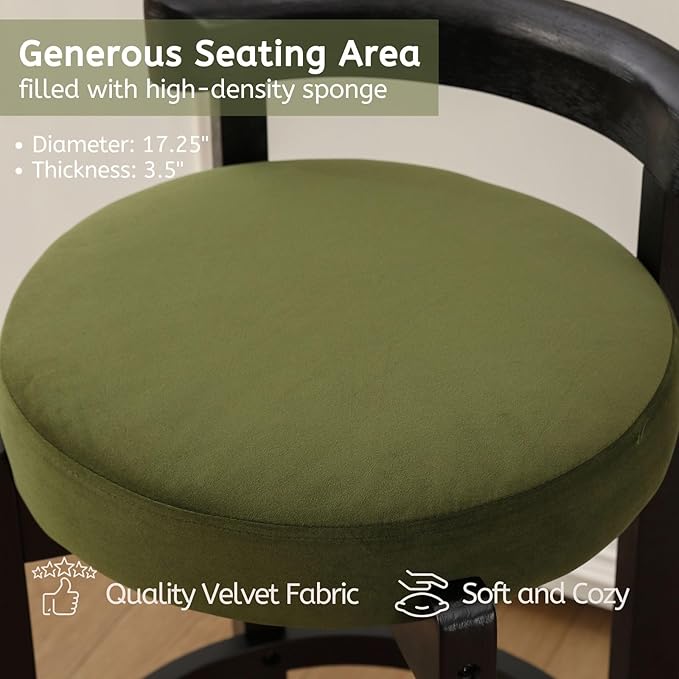 LukeAlon Mid Century Velvet Counter Stools Set of 2, Upholstered 26.5” Seat Height Low Barstools with Black Wood Legs Retro Round Kitchen Stools with Footrest for Dining Room Bar Coffee Shop, Green