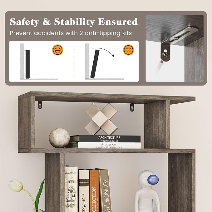 Giantex 6-Tier Geometric Bookshelf, S-Shaped Bookcase with 2 Anti-Tipping Kits, Wooden Display Shelf, Decorative Storage Shelving Unit, Home Storage Organizer for Office Living Room (1,Oak Grey)