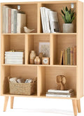 DUMOS Bookshelf, 7 Cube Storage Organizer with Legs, 3 Tier Modern Wooden Bookcase, Open Standing Display Shelf for Living Room, Bedroom, Office, Wood