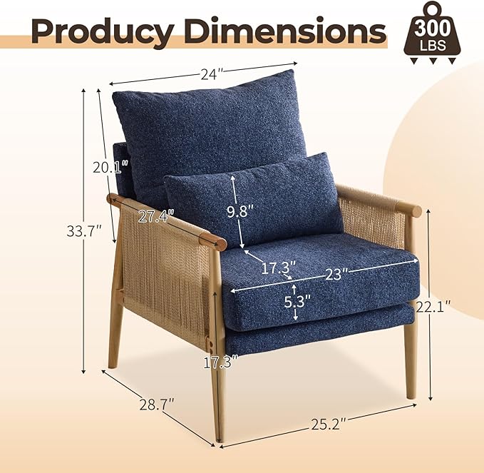 Karl home Cozy Chenille Accent Chair with Lumbar Pillow & Rattan Arms Modern Lounge Chair for Living Room, Bedroom, Reading Nook, Blue