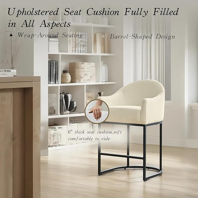 Counter Height Bar Stools Set of 3,Modern Counter Height Bar Stools,Fabric Upholstered Barrel Barstools with Backs,26'' Kitchen Island Chairs,Metal Black Frames,Off White Linen