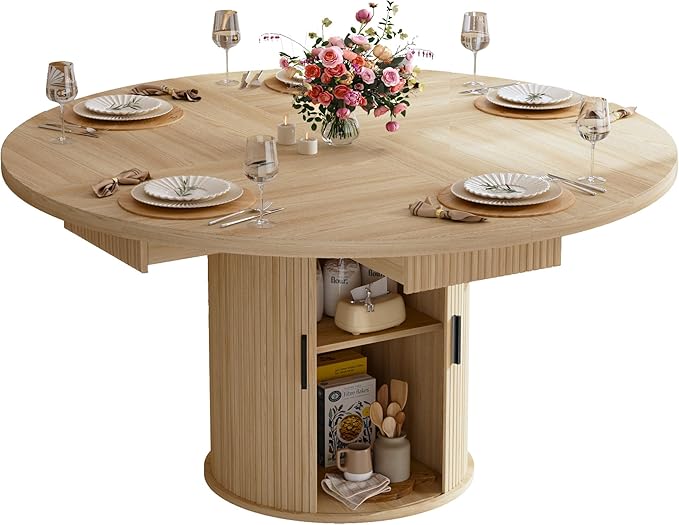 HUAHUU 47.2" Round Dining Table for 4-6, Modern Kitchen Table with 4 Drawers and 2-Tier Storage Shelf, Wooden Circle Dining Tables with Fluted Base & Sliding Door for Home Kitchen Living Room, Natural