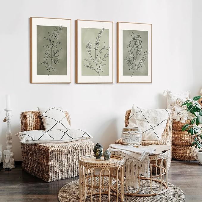 CHDITB Sage Green Botanical Framed Canvas Wall Art Set, Nature Line Art Wall Decor, Neutral Minimalist Floral Artwork, Boho Greenery Plant Flower Art Prints for Living Room, Bedroom, Office 24"x36"x3
