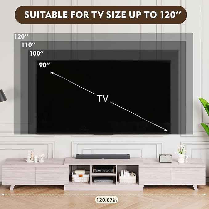 MEISSALIVVE Extendable TV Stand for Up to 120 Inch TV, Modern Entertainment Center with 4 Drawers & 2 Storage Compartments, Adjustable Length (95"-121"), TV Consoles for Living Room & Bedroom (White)