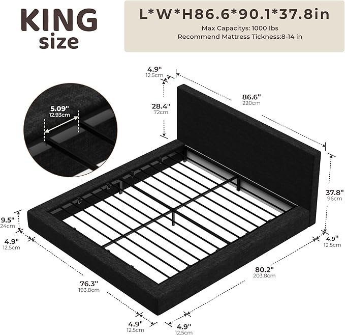 RECCI AirFrame King Size Bed Frame with Headboard, Cloud Upholstered Platform Bed Frame, 5 Inch Foam Cushioned, No Box Spring, Easy Assembly(Onyx Black)
