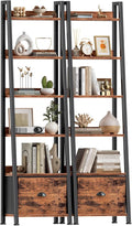 Furologee Bookshelf Set of 2, 6-Tier Ladder Shelf, Ladder Bookshelf with Drawer, Set of 2 Bookshelves, Metal Storage Shelf for Living Room, Home Office, Bedroom, Balcony,Kitchen, Rustic Brown