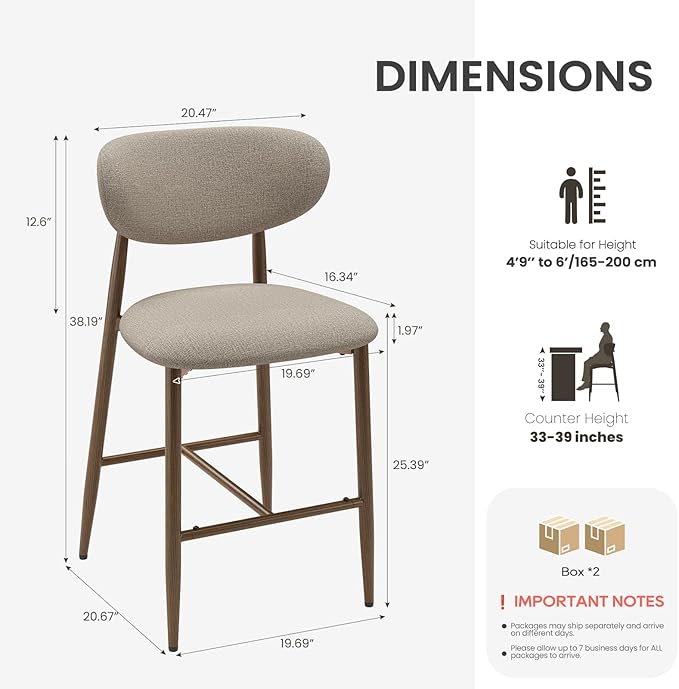 MALOL Bar Stools Set of 4, Counter Height bar stools, Kitchen Bar Stools with Backs, Modern Upholstered, Modern Bar Stools with Metal Legs for Kitchen Island, Counter, Camel