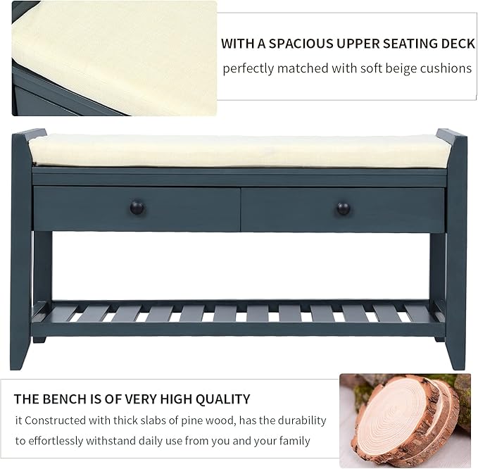 LUMISOL Shoe Storage Bench with Padded Cushion, Rustic Storage Bench with Woven Rattan Doors and Adjustable Shelves for Entryway, Hallway, Living Room, Grey Wash+Beige