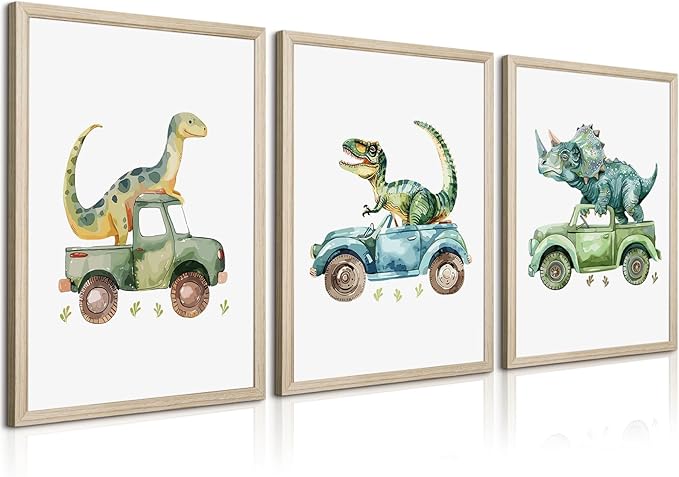 Dinosaur Nursery Wall Art Kids Canvas Poster Baby Boy Nursery Wall Decor Green Dino Pictures Toddler Prints Cartoon Dino Car Painting Boys Room Artwork for Bedroom Bathroom 12x16x3 Inch White Framed