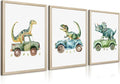 Dinosaur Nursery Wall Art Kids Canvas Poster Baby Boy Nursery Wall Decor Green Dino Pictures Toddler Prints Cartoon Dino Car Painting Boys Room Artwork for Bedroom Bathroom 12x16x3 Inch White Framed