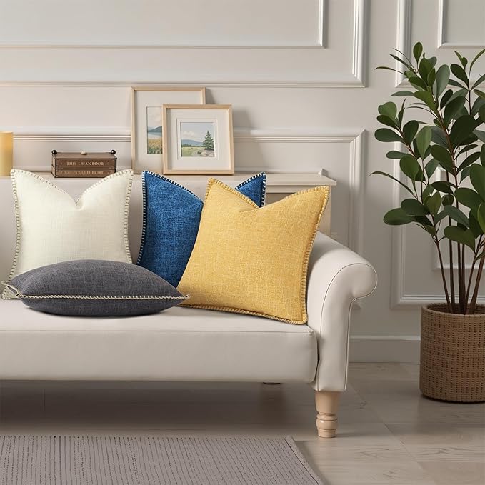 decorUhome Summer Decorative Throw Pillow Covers 16x16 Set of 2 Square Faux Linen Farmhouse Pillow Covers with Stitched Edge Outdoor Neutral Pillow Covers for Couch Sofa Living Room, Dark Grey