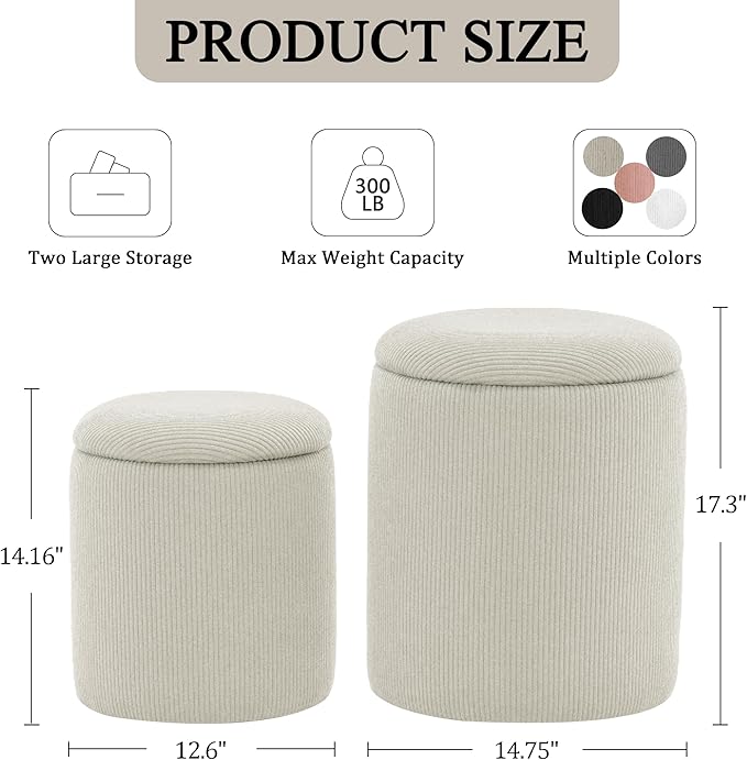 YSICK Round Ottoman with Storage, Set of 2, Small Vanity Stool as Vanity Chair, Corduroy Ottoman Foot Rest for Small Space, Living Room, Bedroom, Beige