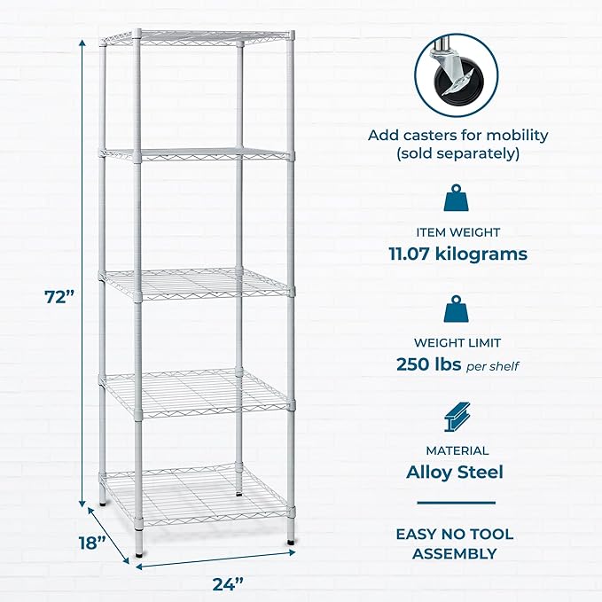 Honey-Can-Do 5-Tier Heavy-Duty Adjustable Shelves, Metal Storage Rack with 250-lb Shelf Capacity, White, 18" W x 24" L x 72" H