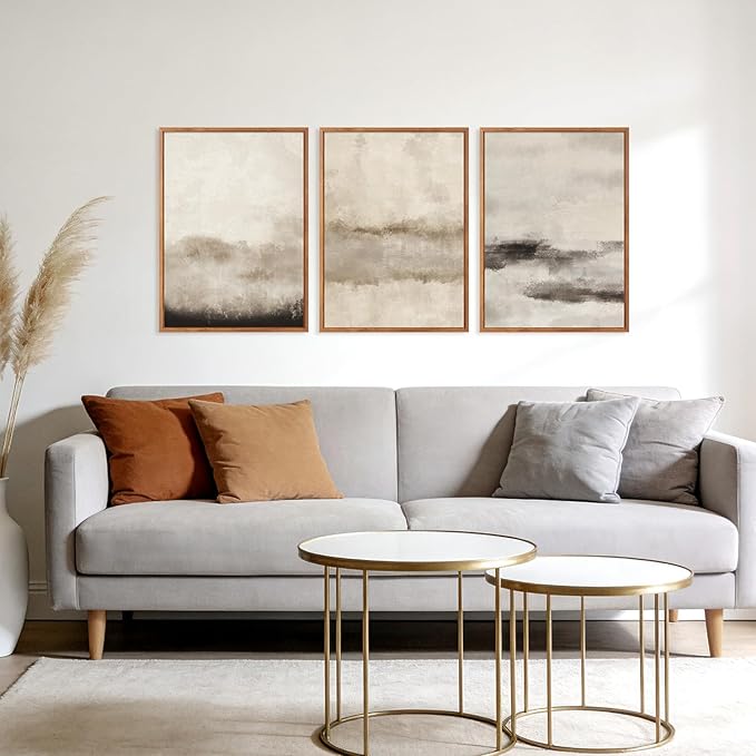 HPINUB Large Abstract Framed Canvas Wall Art Set,Minimalist Beige Gray Pastel Watercolor Wall Decor,Modern Illustration Neutral Art Painting for Living Room,Dining Room,Office(Set of 3,12X16 Inch)