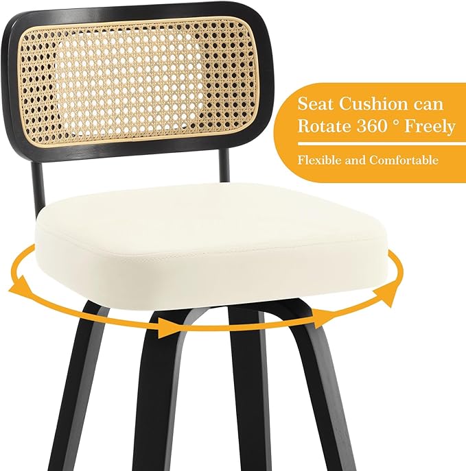 Bekrvio Swivel Bar Height Stools Set of 4, Upholstered Faux Leather Barstools with Rattan Back, 29" Seat Height Tall Bar Stools for Kitchen Counter, Black Wood Frame, Cream White