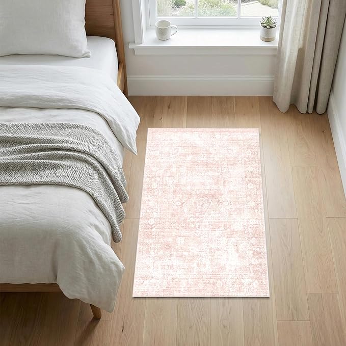 Homemate Washable Rug 3x5 Area Rugs - Vintage Faux Wool Rugs for Living Room Bedroom Dining Room - Non Slip Foldable Carpet Indoor Area Rug for Home Decor（3'x5', Pink
