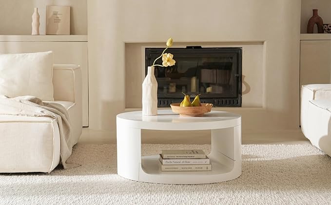 Round Coffee Table with Storage, 31" Modern Living Room Table, 2 Tier Circle Wood Center Tables for Apartment, Living Room, Open-Style Storage White Tea Tables, 31"*14.1" (White)