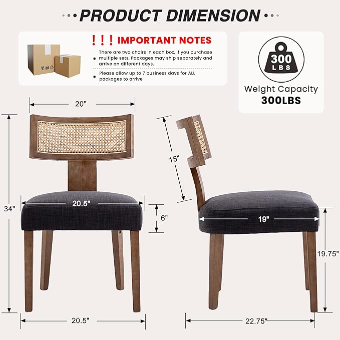 HNY Mid Century Modern Rattan Dining Chairs Set of 4, Farmhouse Linen Upholstered Accent Chair Curved Backrest Kitchen Chairs, with Hardwood Frame, Charcoal