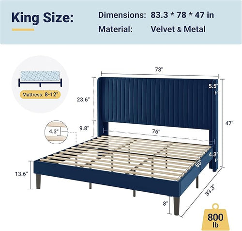 Allewie King Size Velvet Bed Frame/Vertical Channel Tufted Wingback Headboard/Upholstered Platform Bed/Strong Wooden Slats/No Box Spring Needed/Easy Assembly/Blue