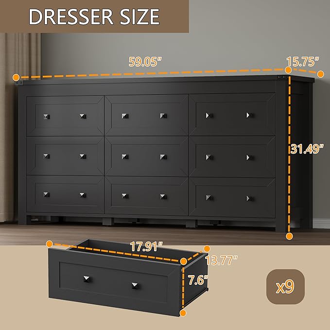 BORNOON 9-Drawer Dresser, Modern Wooden Storage Chest of Drawers, Dresser TV Stand, Wood Drawer Organizer with Metal Handles for Bedroom, Living Room, Hallway