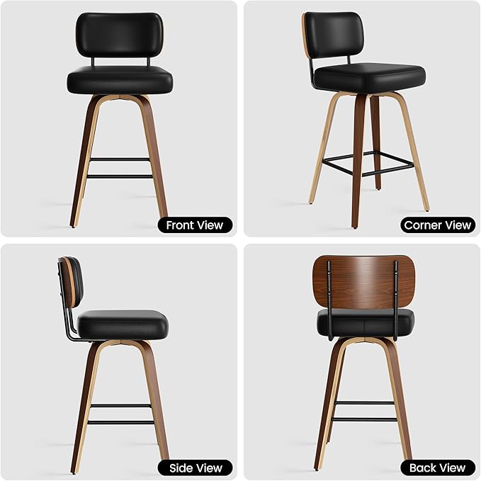 Swivel Bar Stools Set of 4, 26" Upholstered Faux Leather Counter Height Barstools with Walnut Back & Bentwood Legs, Mid Century Modern Bar Chairs Island Stools for Kitchen Counter, Black