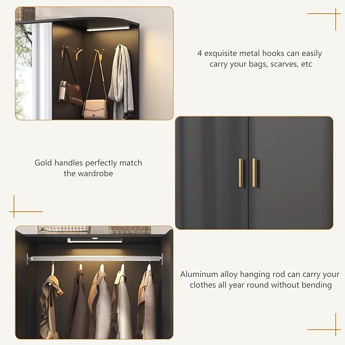 XVD Armoire Wardrobe Closet with Mirror & Sensor Light, Bedroom Armoire with 5 Doors & 2 Drawers, Modern Wooden Large Wardrobe Closet with Shelves, 4 Hooks, 2 Hanging Roods, Open Space, Black