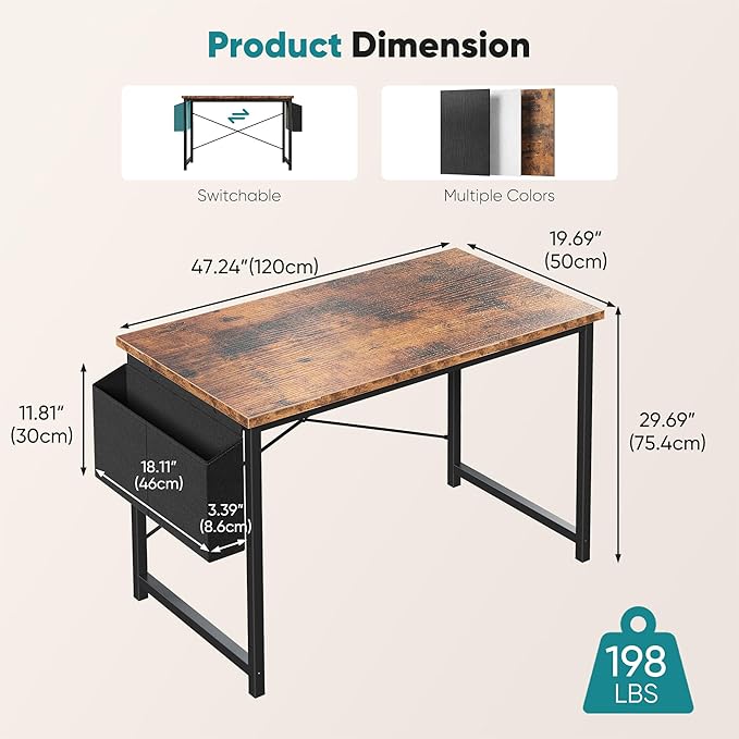 OLIXIS Computer Desk 47 Inch Home Office Desks for Small Spaces, Gaming Writing Study Work Table with Storage Bag and Headphone Hook for Bedroom, Rustic Brown