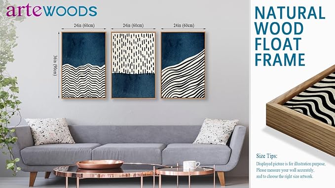 Framed Wall Art Canvas Set Mid Century Boho Picture Modern Abstract Geometric Lines Wall Decor Minimalist Black Indigo Canvas Painting Artwork Living Room Bedroom Home Office 24"x36"x3 Natural