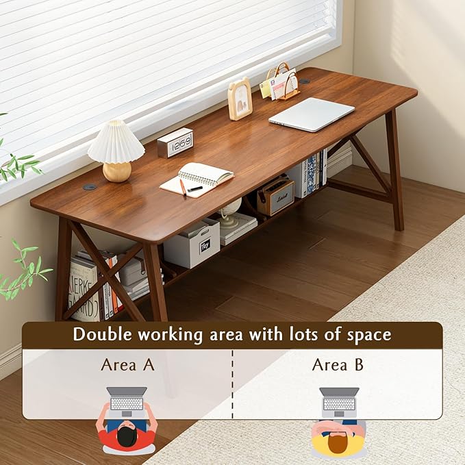 NELYE Extra Long Desk with Bookshelf - Wooden Home Office Work Study Table, 2-Person Writing Computer Workstation with Storage Shelf in Walnut, 71" Wx20 Dx30 H