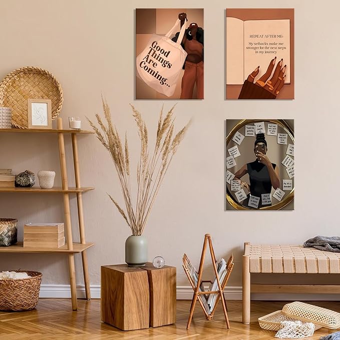 3pcs Black Girl Wall Art African American Wall Decor Painting Fashion Abstract Black Woman Poster Canvas Prints Pictures for Living Room Bedroom 16x24 inch Framed