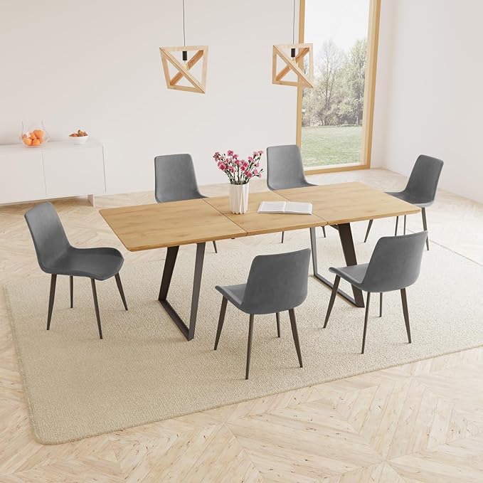 ZckyCine 67'' Extendable Rectangular Wooden Dining Table and Chairs 6-Seater Modern Mid-Century Style Multi-Purpose Space-Saving Design Home Dining Room Furniture Set