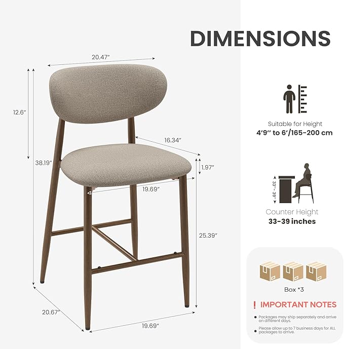 MALOL Bar Stools Set of 6, Counter Height bar stools, Kitchen Bar Stools with Backs, Modern Upholstered, Modern Bar Stools with Metal Legs for Kitchen Island, Counter, Camel