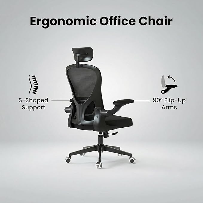 Monhey Office Chair Ergonomic Desk Chair with Lumbar Support&Headrest&Flip-up Arms Height Adjustable Rocking Swivel High Back Computer Chair Warm Taupe Mesh Study Chair (10black)
