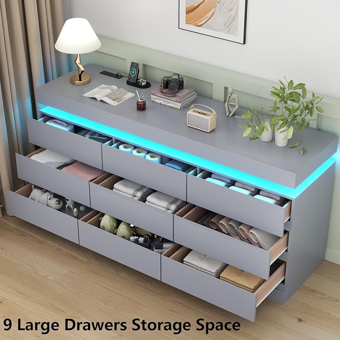 Gyfimoie 9 Drawer Dresser with Power Outlet, Dresser with LED Light, Modern Chest of Drawers for Closet, Double Wide Drawer Organizer Cabinet for Bedroom, Living Room (Grey, 9 Drawers)