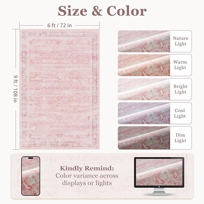 Pink Rug for Living Room 6x9, Aesthetic Distressed Area Rugs for Bedroom Girls Non Slip, Washable Low Pile Thin Carpet Rugs for Nursery Kids Baby Room Dorm, Playroom Rug Dining Room