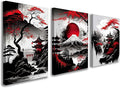 3 Piece Framed Canvas Wall Art Japanese Landscape Wall Decor with Red Sun, Mount Fuji, Pagoda & Cherry Blossom, Modern Asian Artwork for Living Room Bedroom Office, 12x16 Inch