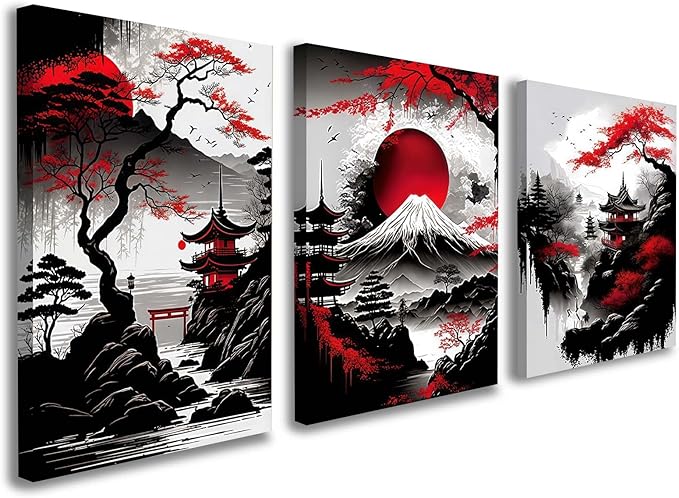 3 Piece Framed Canvas Wall Art Japanese Landscape Wall Decor with Red Sun, Mount Fuji, Pagoda & Cherry Blossom, Modern Asian Artwork for Living Room Bedroom Office, 12x16 Inch