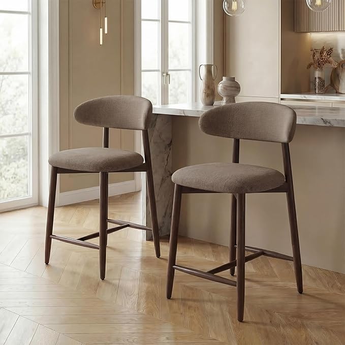 Bar Stools Set of 2, 25.6″ Counter Height Bar Stools with Wood Legs, Upholstered Modern Kitchen Barstools for Kitchen Island Dining Room Bar, Camel