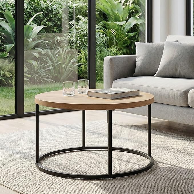 CENSI 31.5" Round Coffee Table, Modern Industrial Natural Oak Wood Center Table for Living Room, Sturdy Metal Legs, Thick 1.4" Scratch-Resistant Surface, Mid Century Farmhouse Circle Table