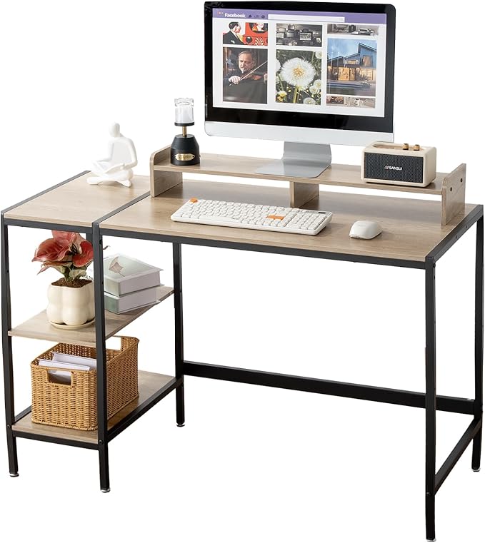MINOSYS 47-inch Computer Desk with Storage Shelf - Gray Ideal Gaming Desk for Bedrooms, Small Spaces, and Home Offices Modern Writing Desk for PCs.