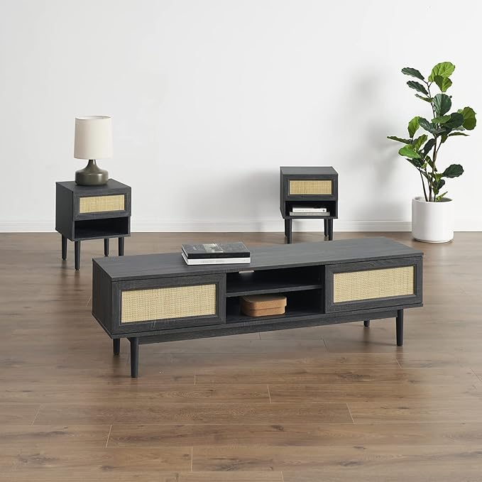 mopio Haylee TV Stand, Modern Farmhouse Television Stand for 55/60/65 inch TV, Natural Rattan Boho Entertainment Center with Storage, Media Console Credenza Table for Living Room, Bedroom (Black 59")