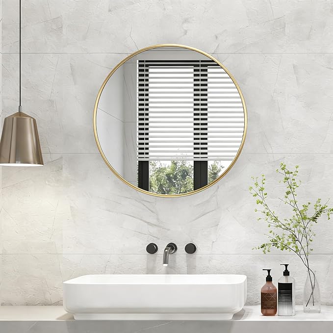 NEWBULIG 24 Inch Round Wall Mirror, Bathroom Mirror for Over Sink, Matte Metal Framed Circle Vanity Mirror, Wall Decor for Bedroom, Entryway, Anti-Rust, Tempered Glass, Hanging or Leaning, Gold