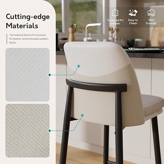 GXJ Bar Stools Set of 4, Upholstered Counter Height Bar Stools, 26 Inch Modern Counter Stools with Back, Textured Leather&Fabric, Metal Legs,Barstools for Kitchen Island Dining Room, White