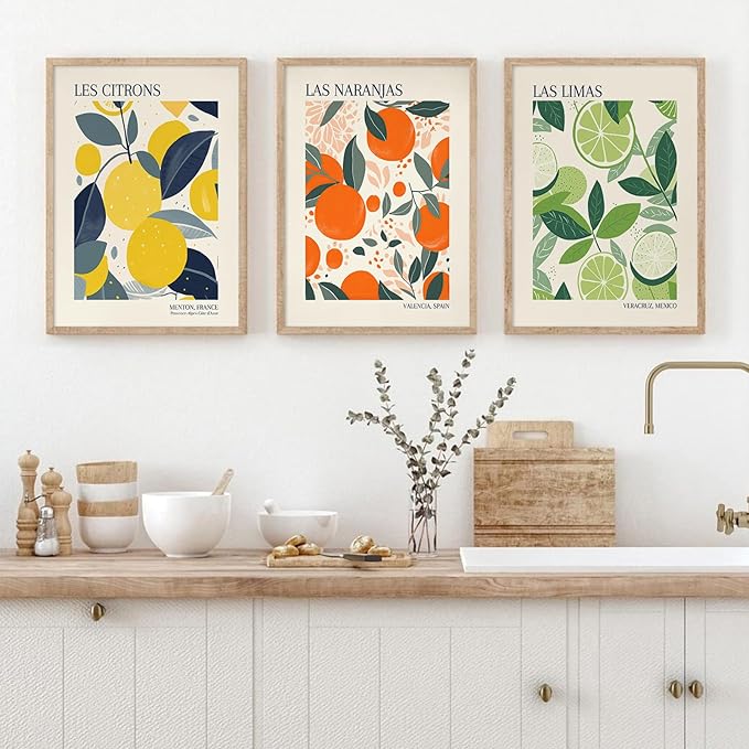 Fruit Market Wall Art Decor Kitchen Lemon Pictures Wall Art Fruit Botanical Prints Poster Orange Green Canvas Kitchen Artwork for Dining Room 12x16 Inch Unframed Set of 3