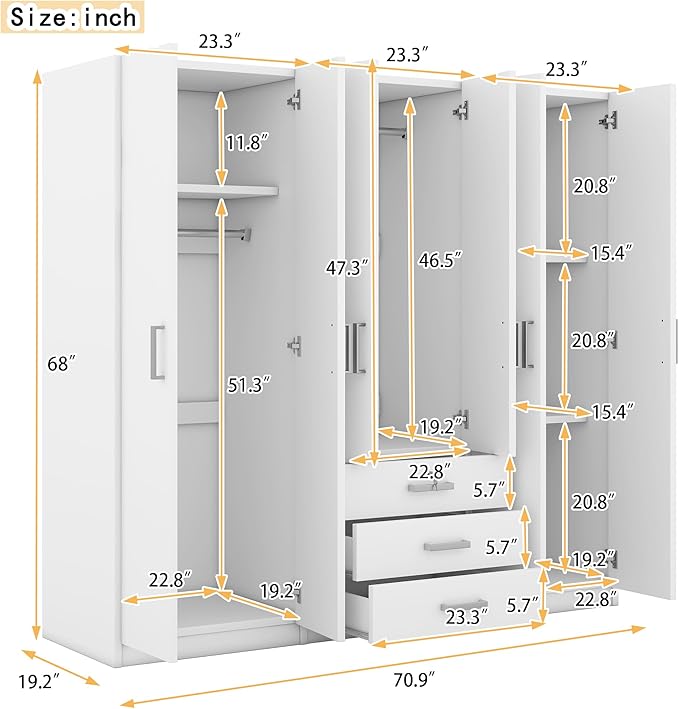 6 Door Armoire Wardrobe Closet with Big 3 Drawers, Wooden Freestanding Bathroom Armoire Cabinet with Shelves and Hanging Rod, Clothes Storage Organizer for Bedroom, Guest Room (White-8)