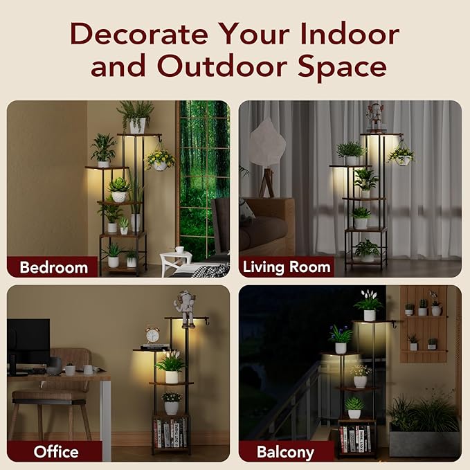 Homsorout Plant Stand Indoor with Grow Light, 5-Tiered Tall Plant Stand Indoor, Metal Plant Shelf with Hanging Basket Hook and Adjustable Light, Ideal for Living Room, Garden, Patio (Black Brown)