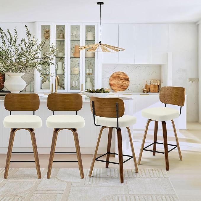 Bekrvio Swivel Counter Height Bar Stools Set of 4, Mid-Century Modern Upholstered Faux Leather Barstools with Wood Back, 26" Seat Height Bar Stools for Kitchen Island, Cream Seat and Walnut Frame